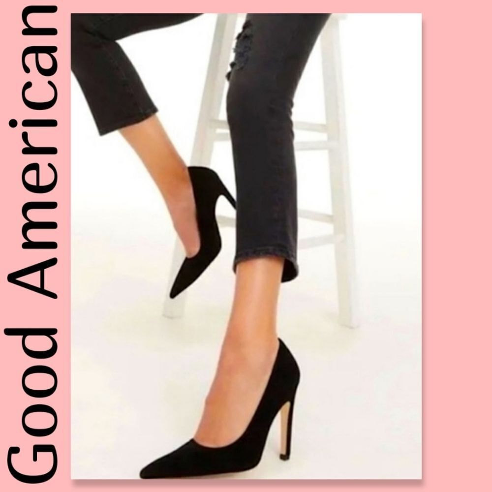 Good American The Icon Pointed Toe Pump in Black Suede
